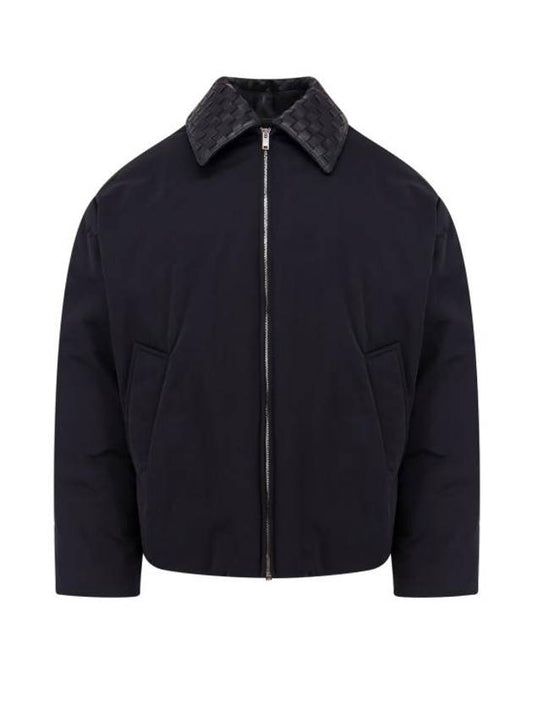 Luxury Bottega Veneta Intrecciato Leather Collar Tech Nylon Puffer Jacket Black