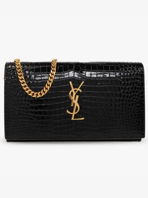 Luxury Saint Laurent Trending 2026 Cassandre Chain Crocodile Embossing Leather Long Wallet Black