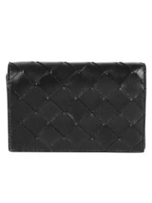 Luxury Bottega Veneta Intrecciato Flap Business Card Wallet Black