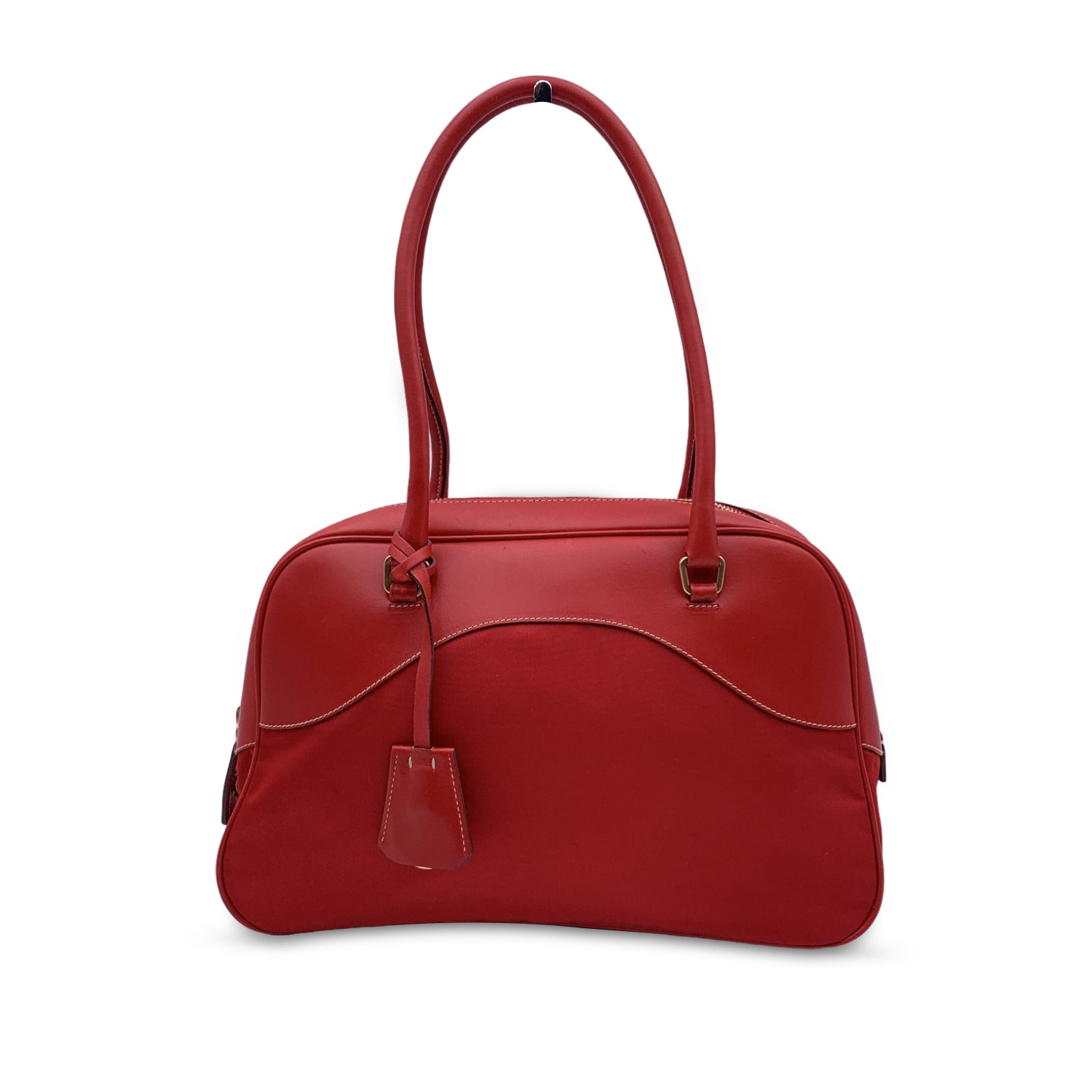 Prada Red Tessuto Travel Canvas And Leather Bowling Bag
