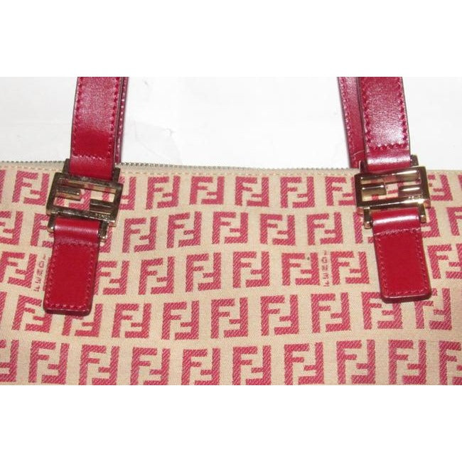 Fendi Top Handle Style Purse Red Zucchino Print On Tan Canvas And Leather Satchel