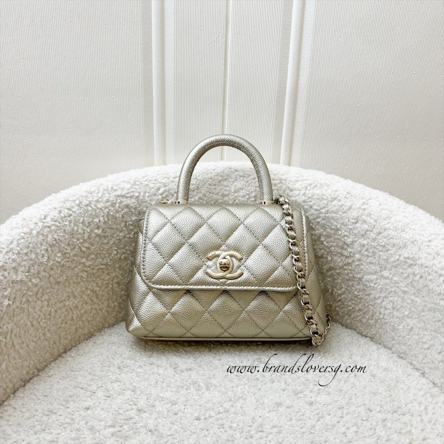 Chanel Micro Coco Handle Flap Bag in 25K Metallic Gold Caviar and LGHW (Model: AP4244)