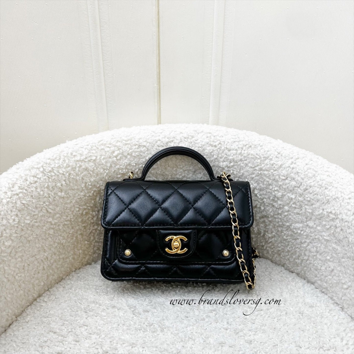 Chanel 25B Mini Clutch on Chain with Top Handle in Black Shiny Lambskin and AGHW