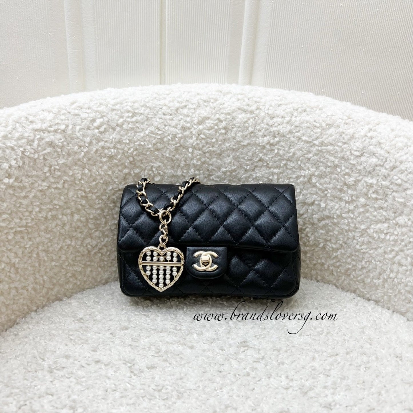 Chanel Classic Mini Bag with Hook Bag Charm with Pearls and Crystals in Black Lambskin and LGHW (Model: AP4760)