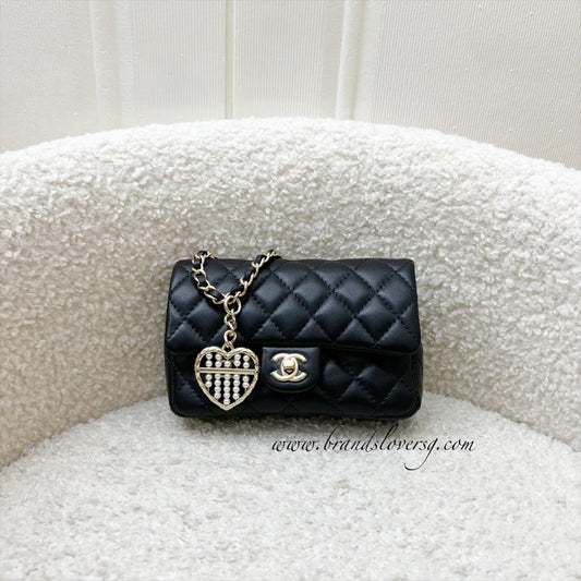 Chanel Classic Mini Bag with Hook Bag Charm with Pearls and Crystals in Black Lambskin and LGHW (Model: AP4760)