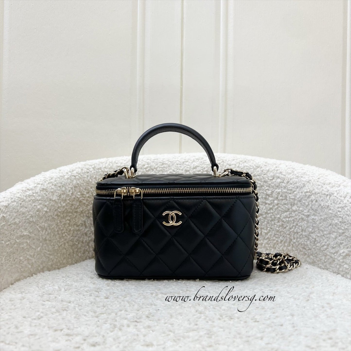 Chanel Top Handle Small Vanity in Black Lambskin and LGHW (Model: AP2199) Handbag