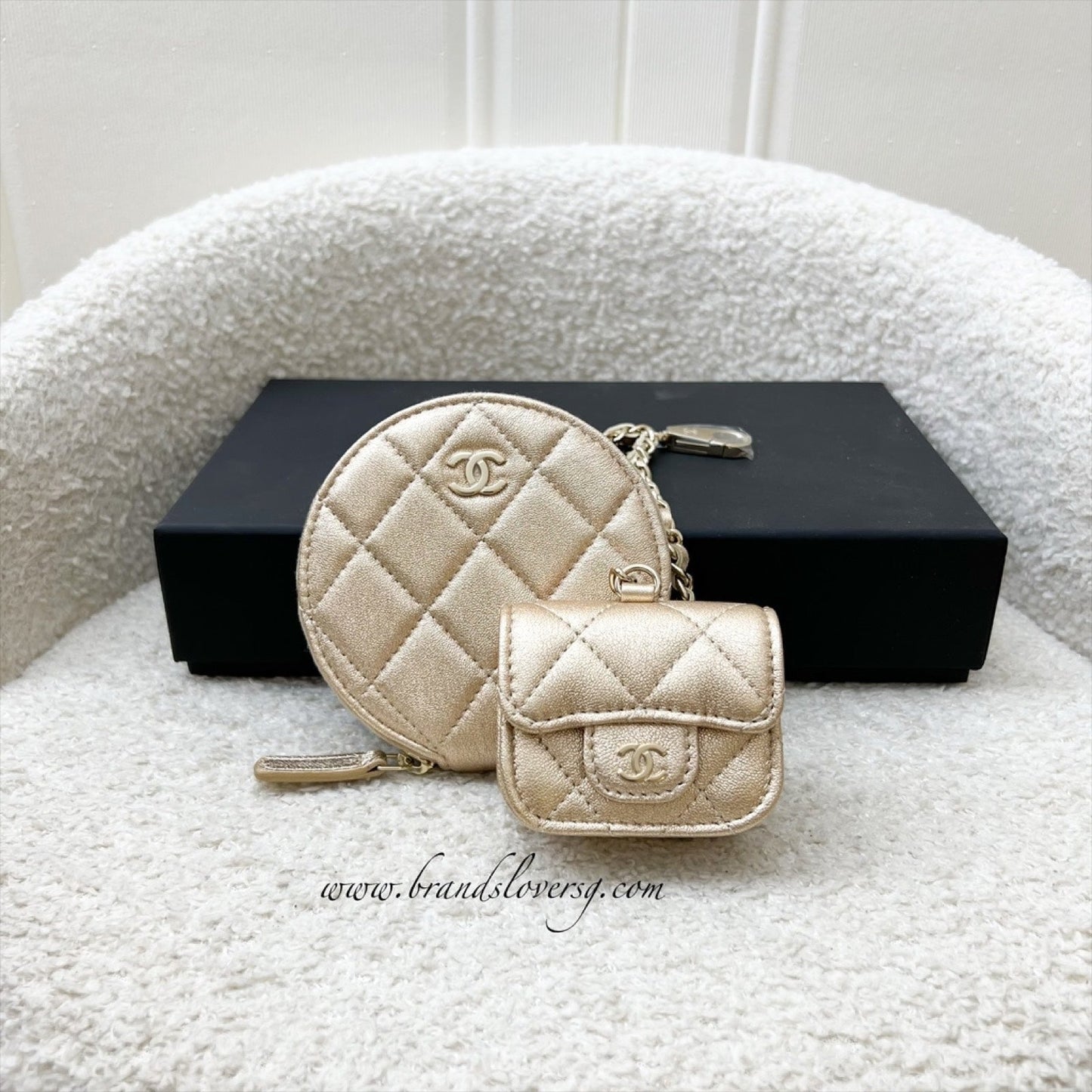 Chanel 2024 VIP Gift Round Pouch and Airpods Holder Bag Charm in Metallic Gold Lambskin and LGHW