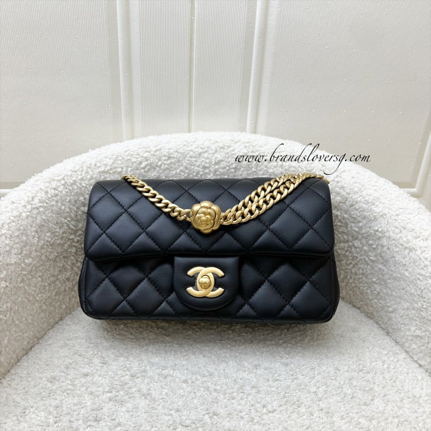 Chanel Mini Rectangular Flap Bag with Camellia Flower Adjustable Chain in Black Stiff Lambskin and AGHW (Model: AS4041)