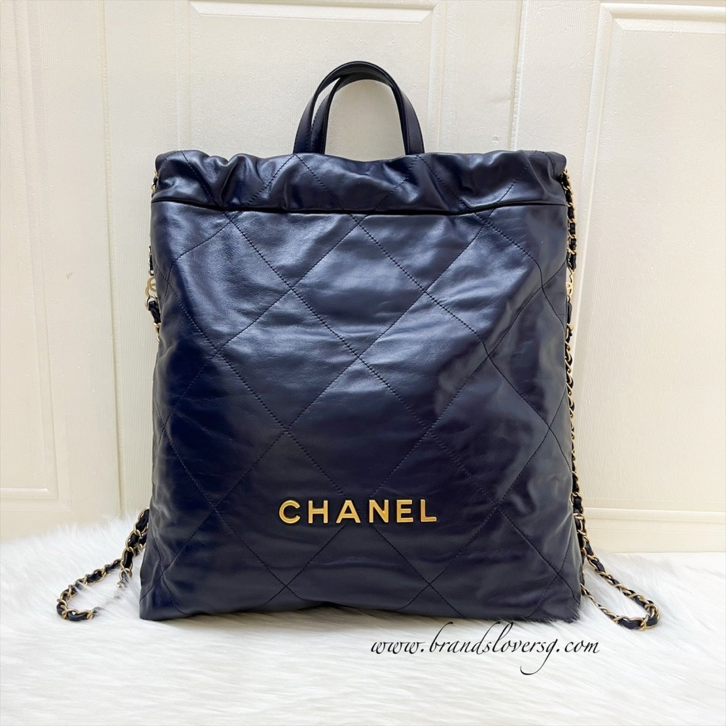 Chanel 22 Large Backpack in 22S Navy Blue Shiny Calfskin and AGHW