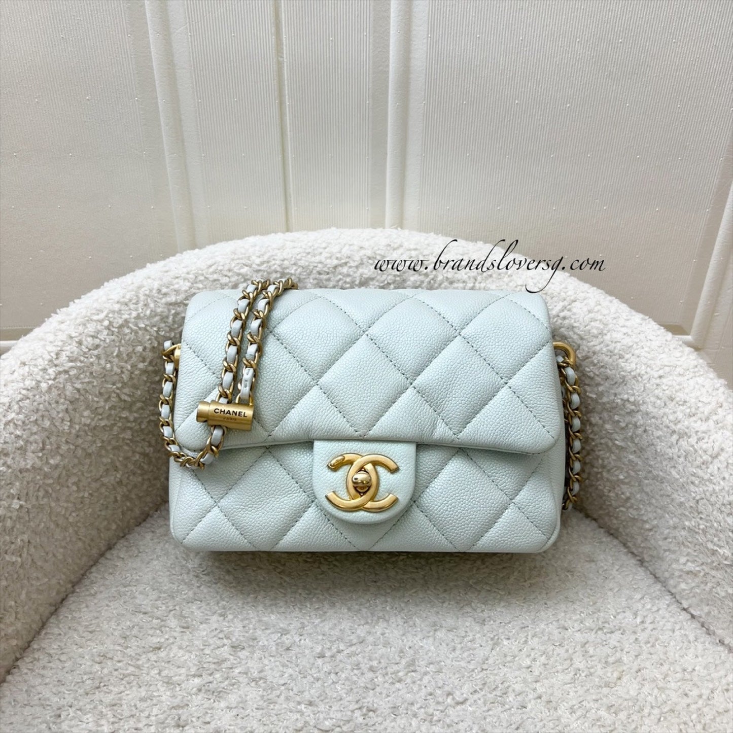 Chanel 21K Perfect Mini Flap Bag with Adjustable Chain in Iridescent Mint Caviar and AGHW (Model: AS2855)