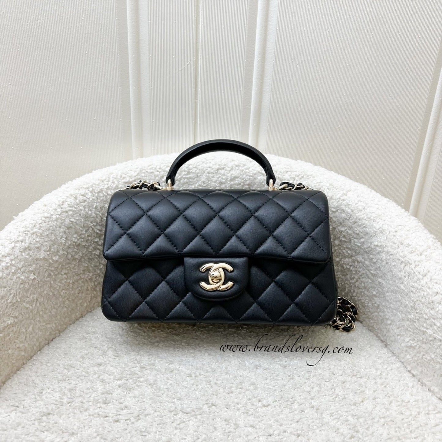 Chanel Classic Top Handle Mini Rectangle Flap in Black Lambskin and LGHW (Model: AS2431) Handbag
