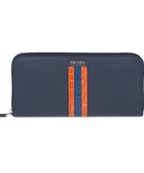 Prada Saffiano And Crocodile Leather Pouch Orange / Blue Luxury Handbag