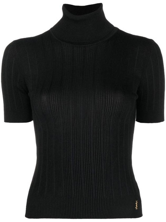 Luxury Saint Laurent Trending 2026 Rib Silk Monogram Short Sleeve Turtleneck Black