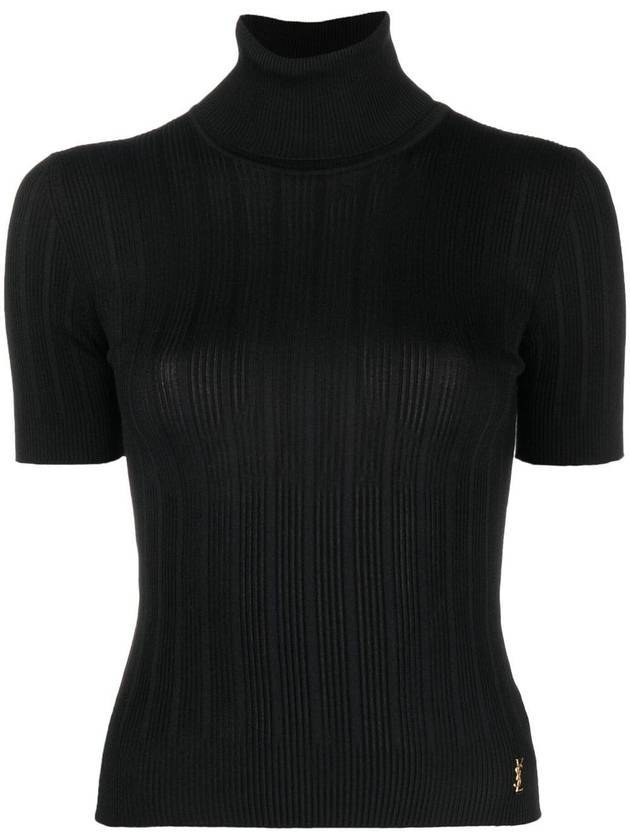 Luxury Saint Laurent Trending 2026 Rib Silk Monogram Short Sleeve Turtleneck Black