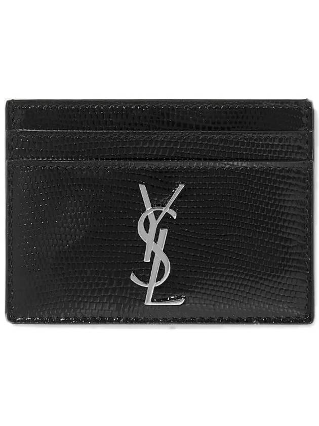 Luxury Saint Laurent Trending 2026 Monogram Lizard Effect Glossy Leather Card Holder Black Silver