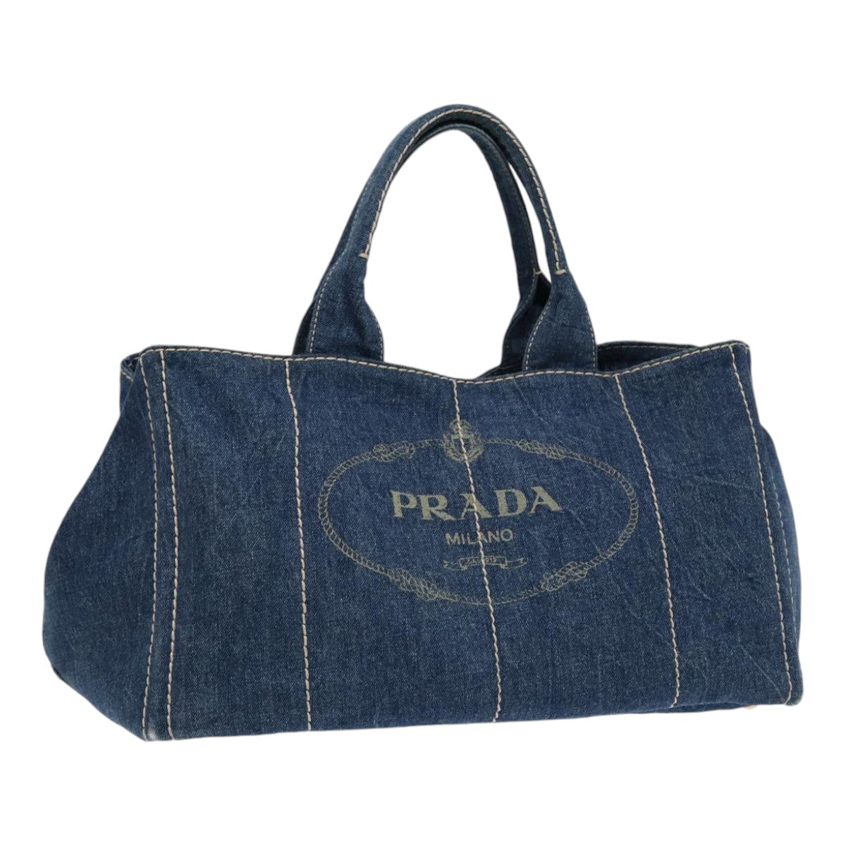 PRADA Canapa GM Hand Bag Blue Gold Auth