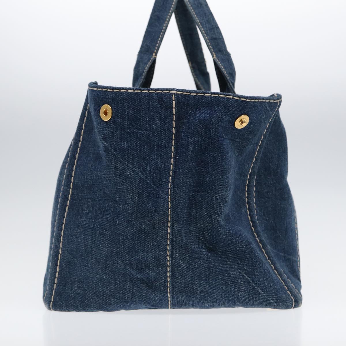 PRADA Canapa GM Hand Bag Denim Blue Gold Auth