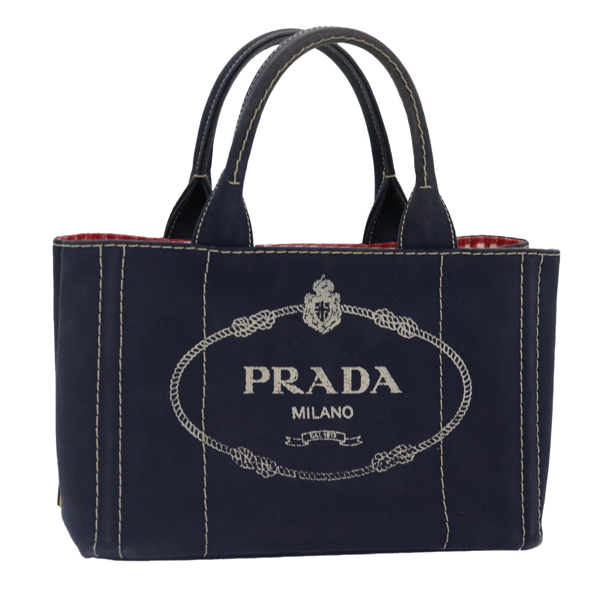 PRADA Canapa PM Hand Bag Canvas Navy Gold Auth