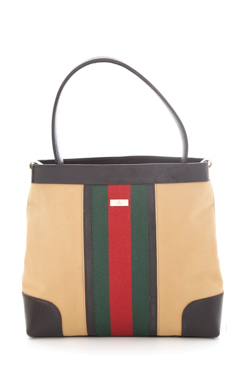 Gucci Web Tan Leather Canvas Shoulder Bag