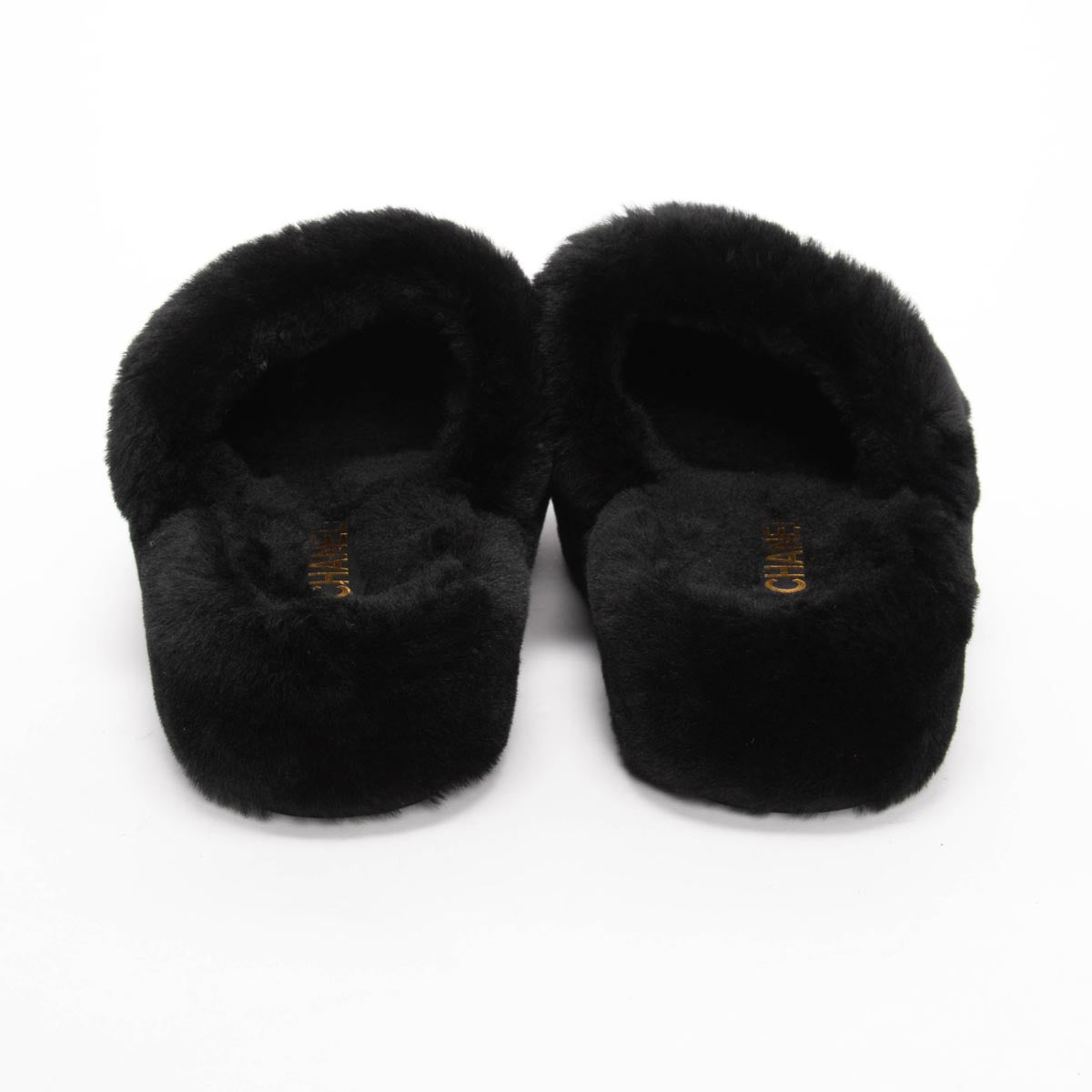 Chanel Black Shearling CC Travel Slippers & Pouch Clutch