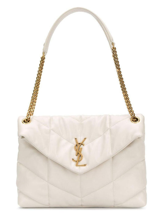 Luxury Saint Laurent Trending 2025 Women's Puffer Logo Plaque Shoulder Bag in Crema Soft |