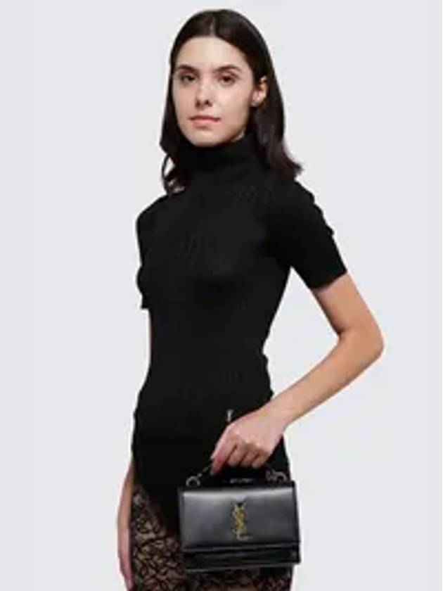 Luxury Saint Laurent Trending 2026 Rib Silk Monogram Short Sleeve Turtleneck Black
