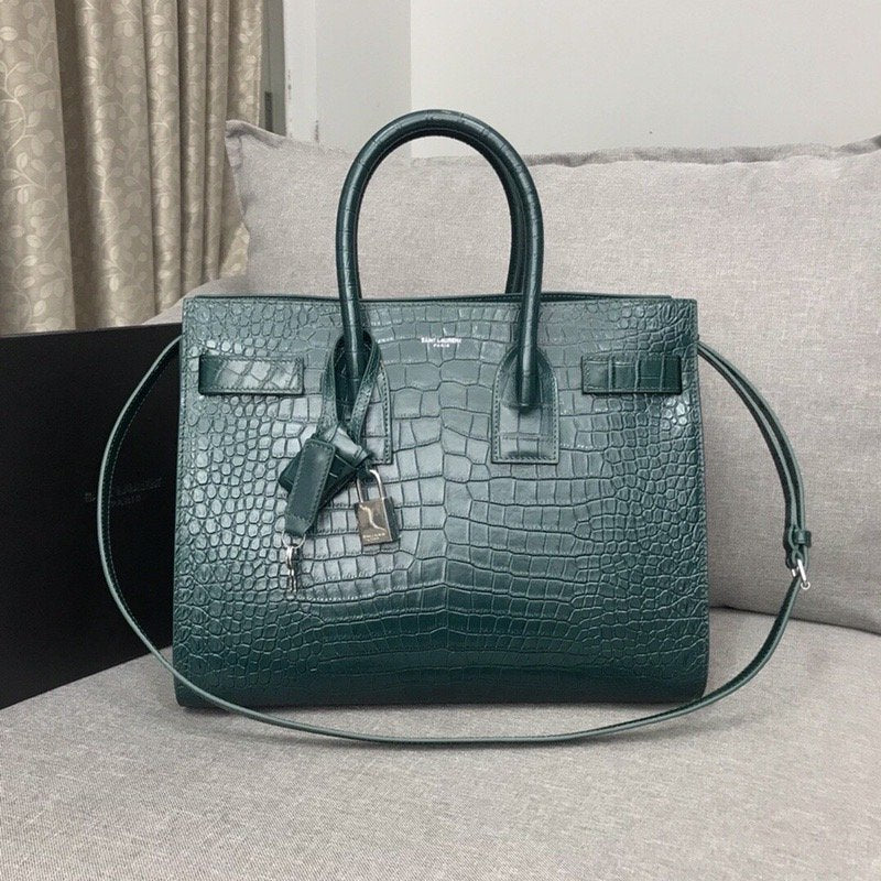 Yves Saint Laurent Sac De Jour Small In Embossed Crocodile Green Luxury Handbag