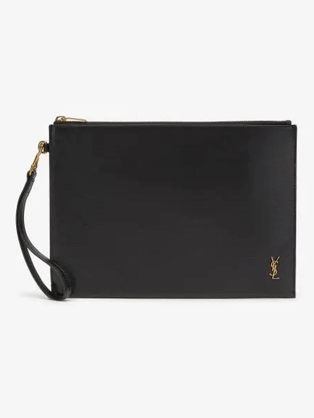 Luxury Saint Laurent Trending 2025 Tiny Cassandre Shiny Leather Zip Tablet Clutch Bag Black