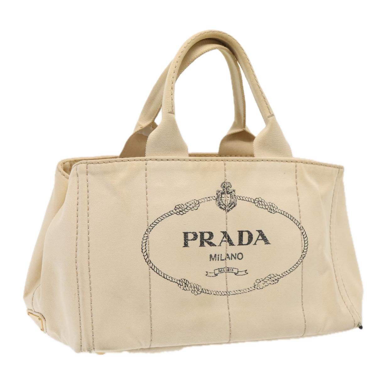 PRADA Canapa MM Hand Bag Canvas White Gold Auth