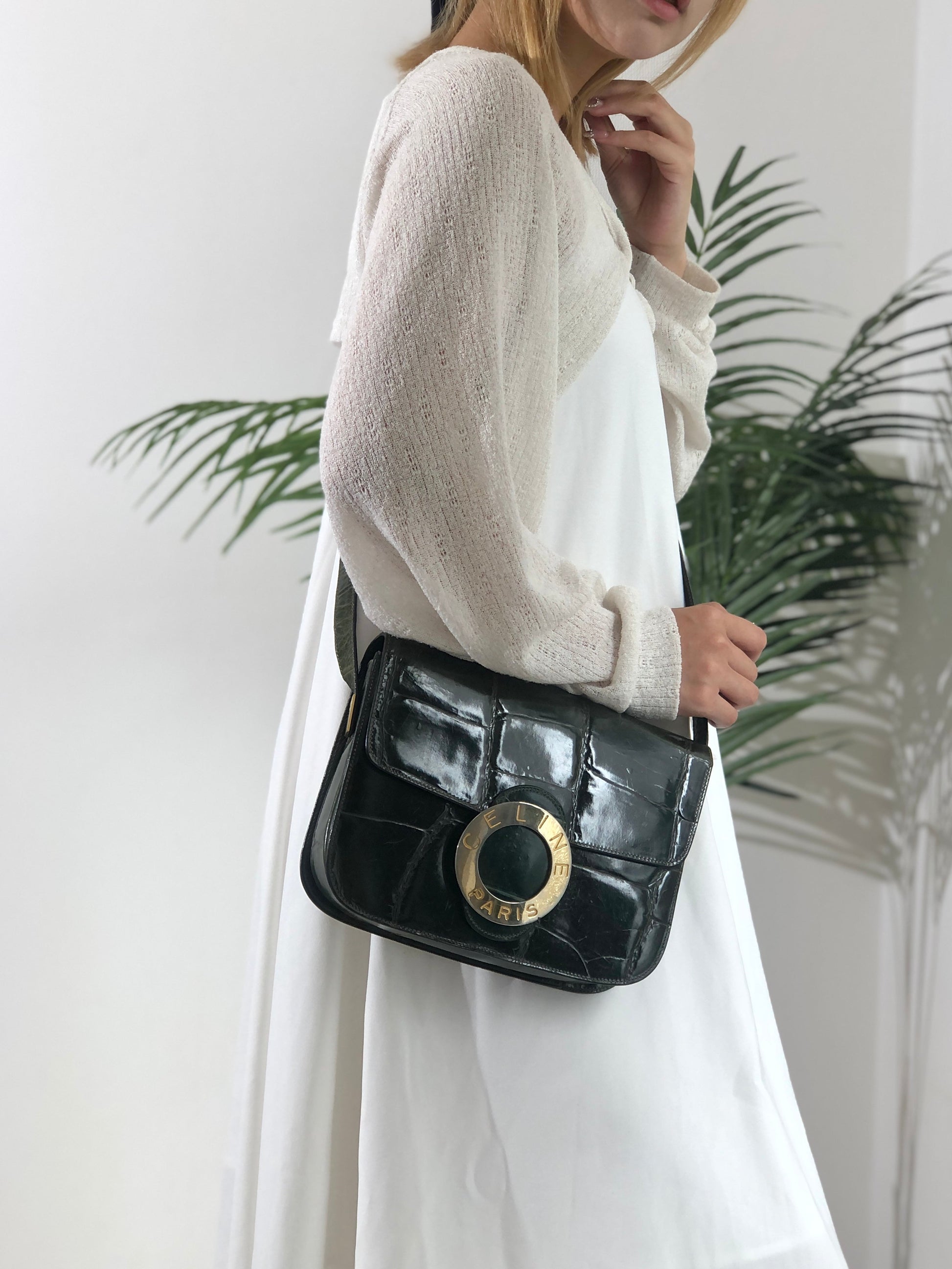 CELINE Circle Logo Crocodile Crossbody Leather Shoulder bag Green