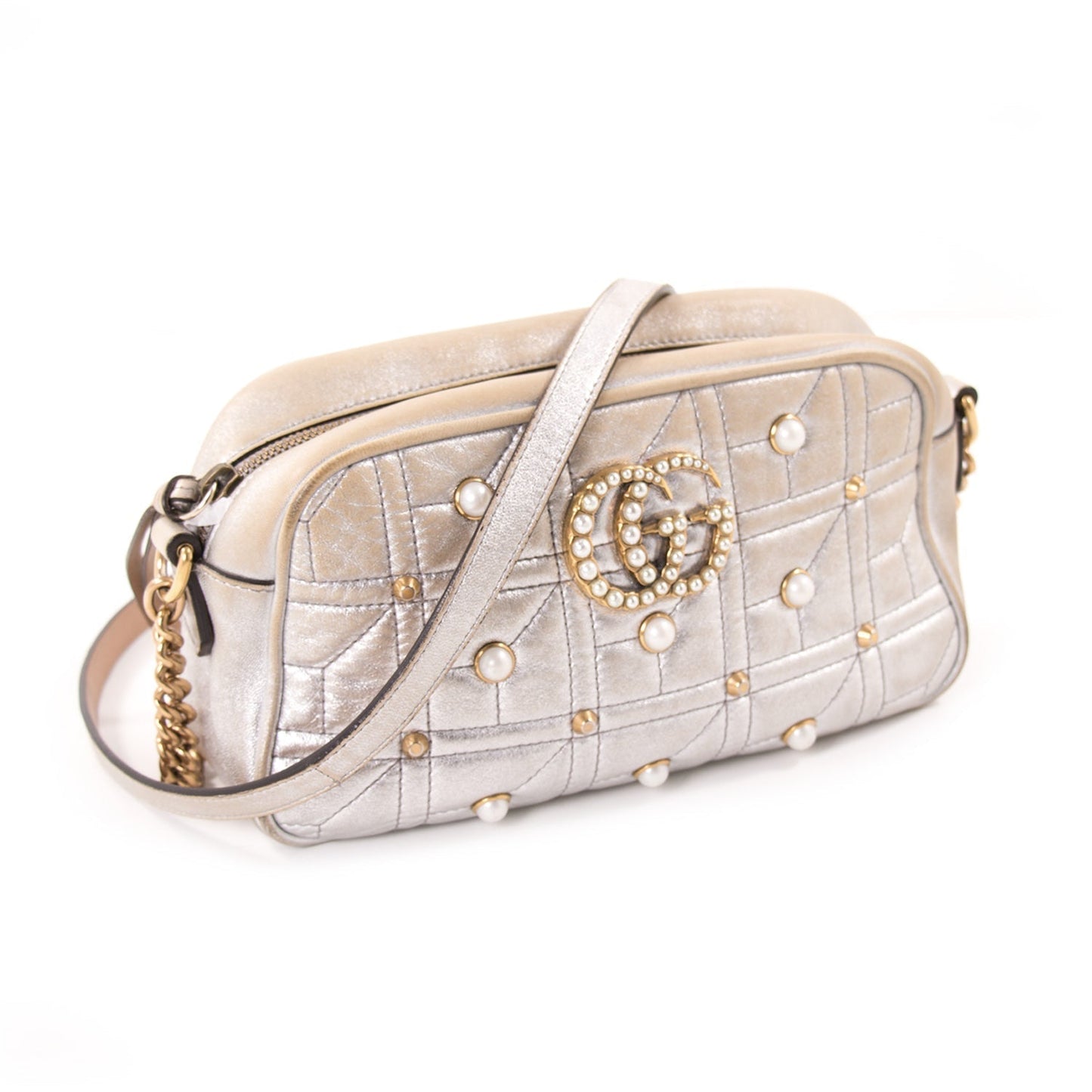 Gucci GG Marmont Silver Leather Metallic Shoulder Bag