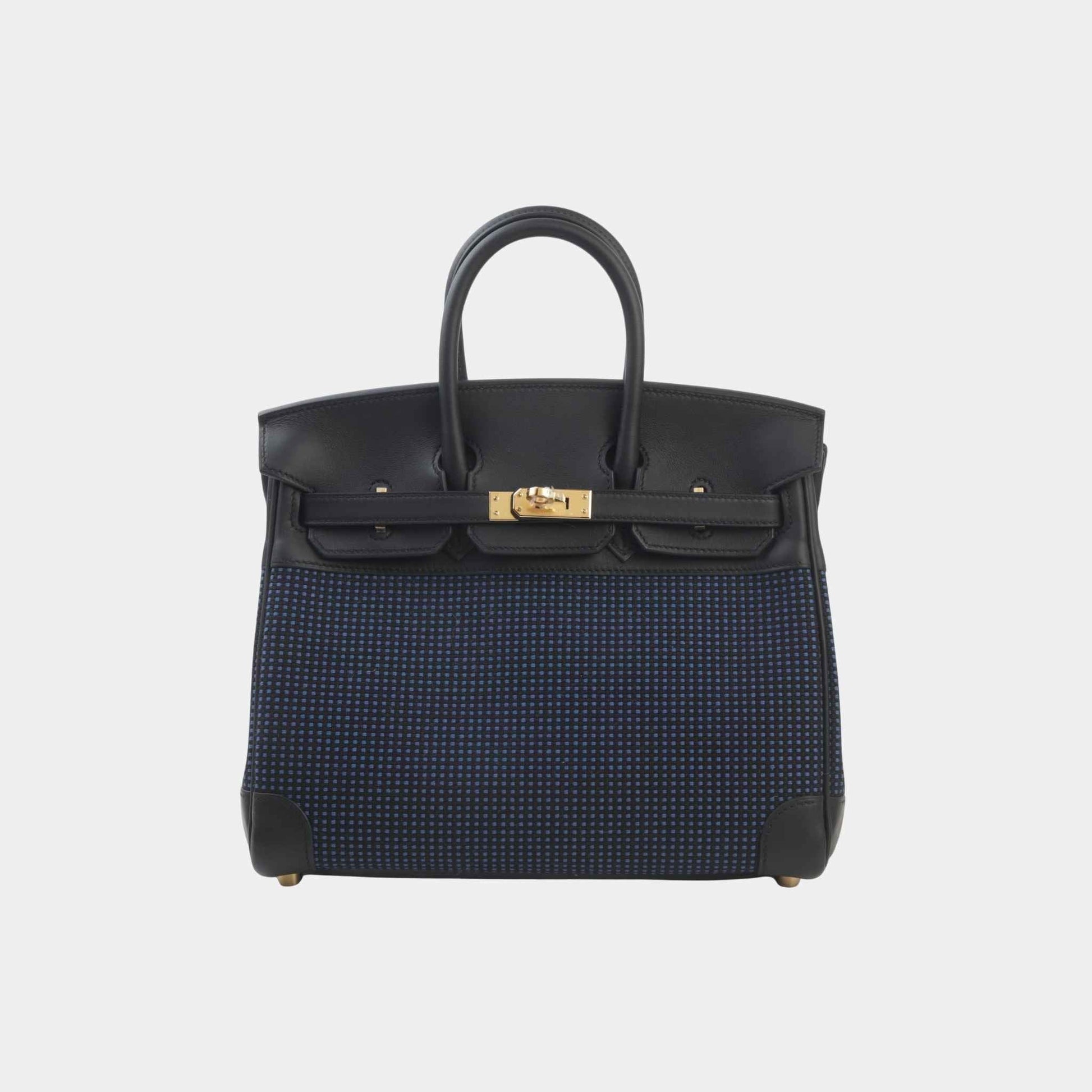 Birkin 25 Swift-Toile Quadrille Canvas Black/ Bleu Egee GHW