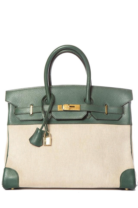 HermesBirkin Leather & Toile 35cm Green Tote