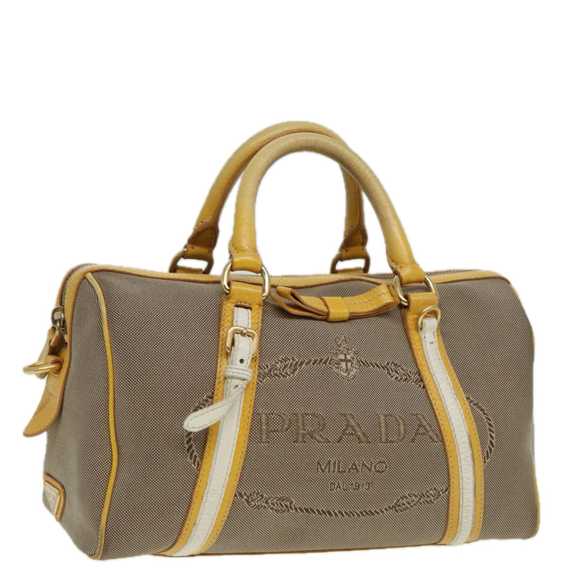 PRADA Hand Bag Canvas Beige Yellow Auth