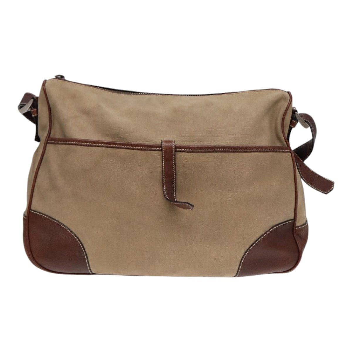PRADA Shoulder Bag Canvas Leather Beige Brown Silver Auth