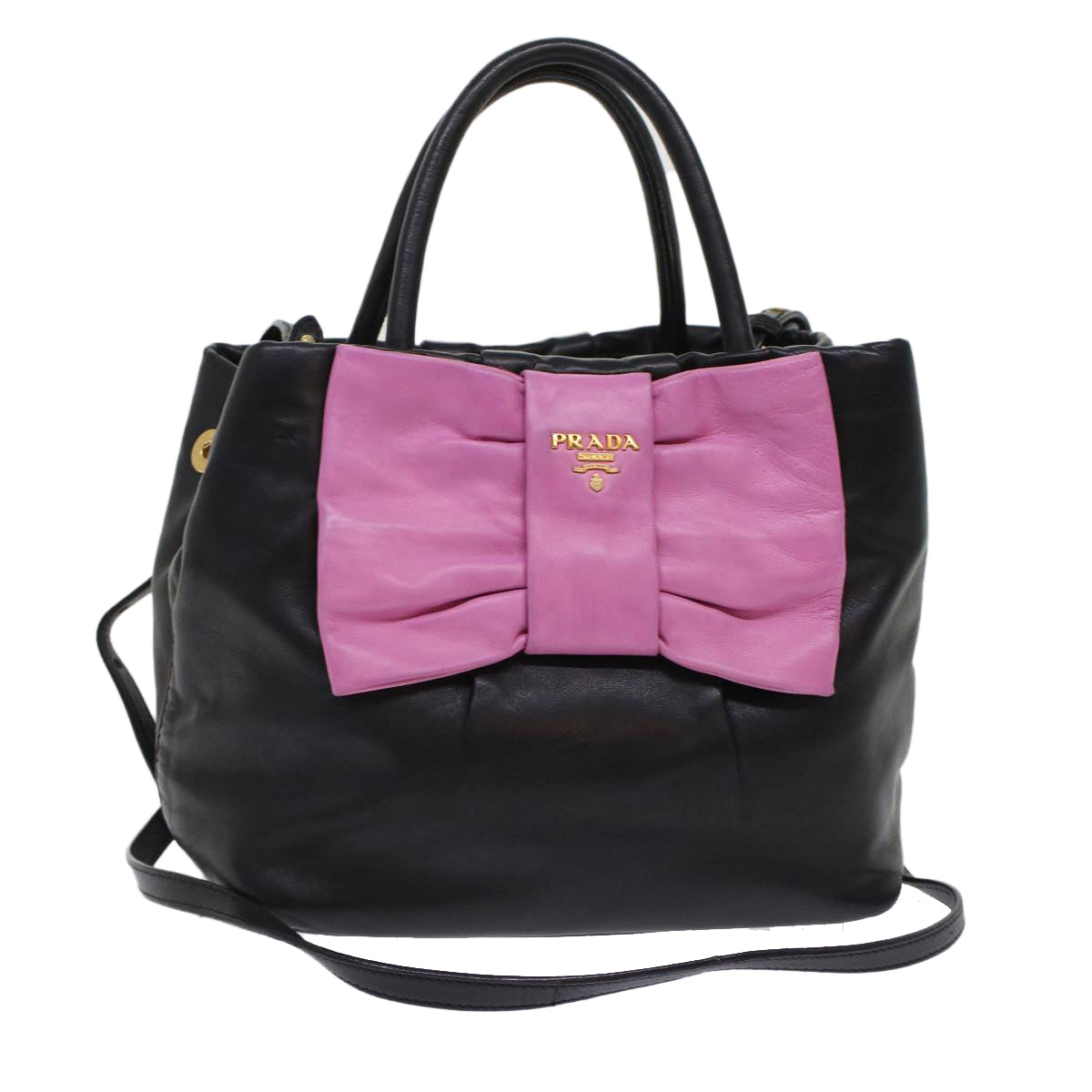 Prada Ribbon Hand Bag Leather 2way Black Pink