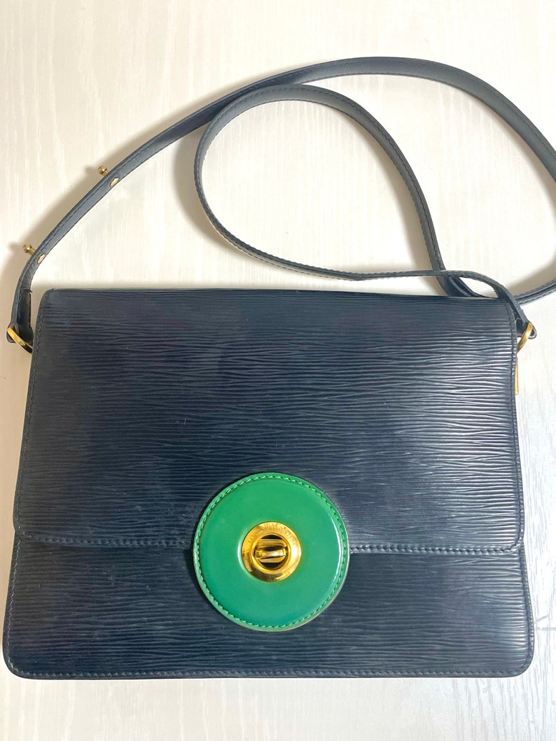 LOUIS VUITTON rare black epi mod shoulder bag with green bullseye
