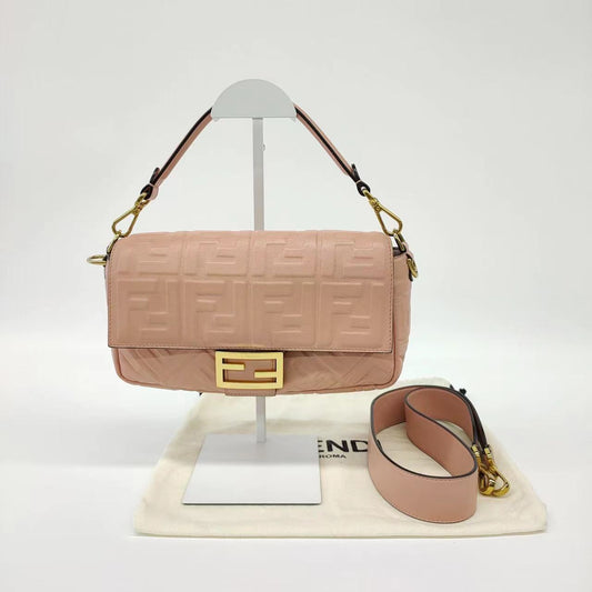 FENDI Baguette Salmon Pink Leather 3D FF Motif Crossbody bag