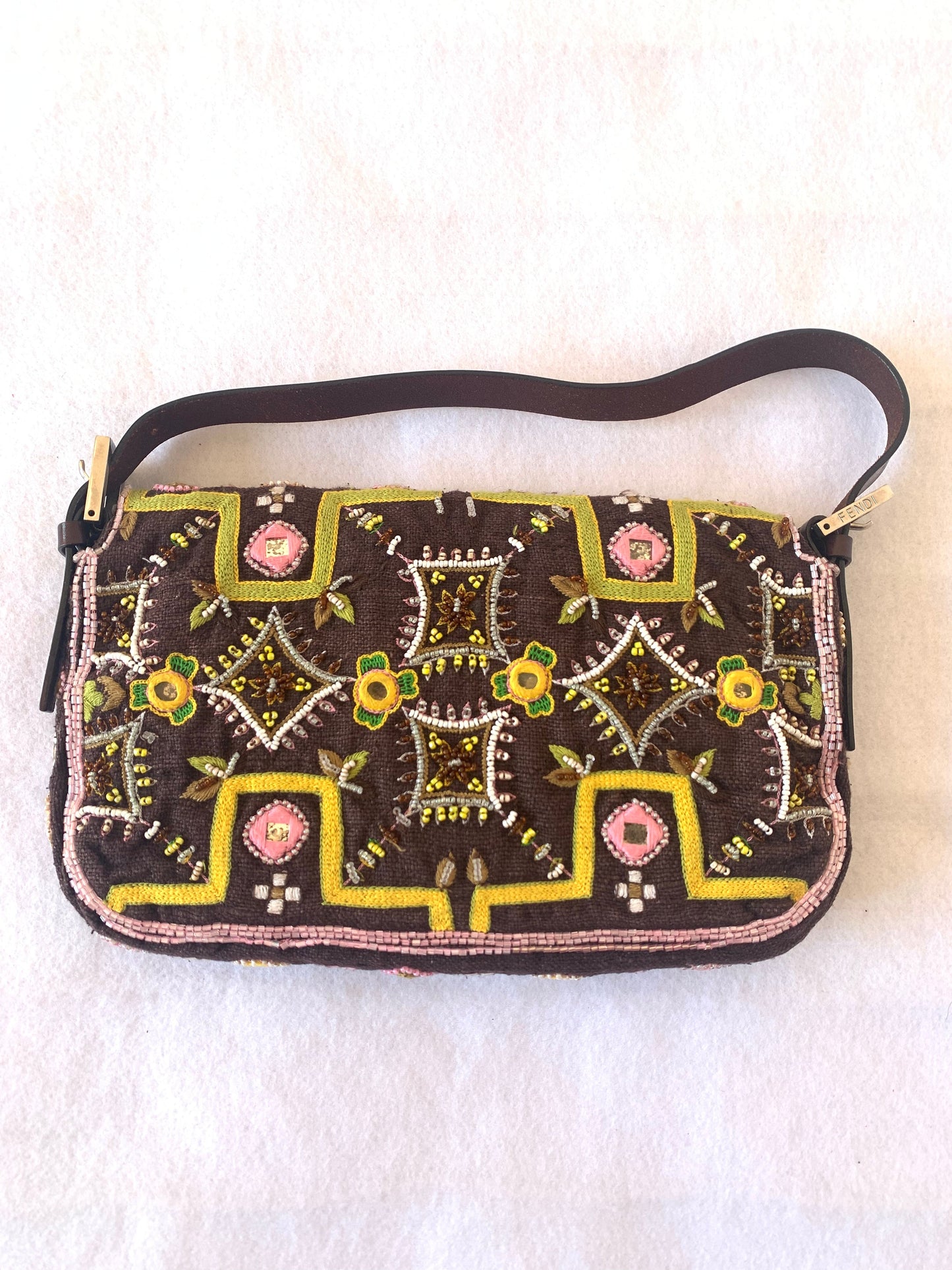 Fendi Baguette   Brown Canvas/cotton with embroidery sequins mirrors and tassels
