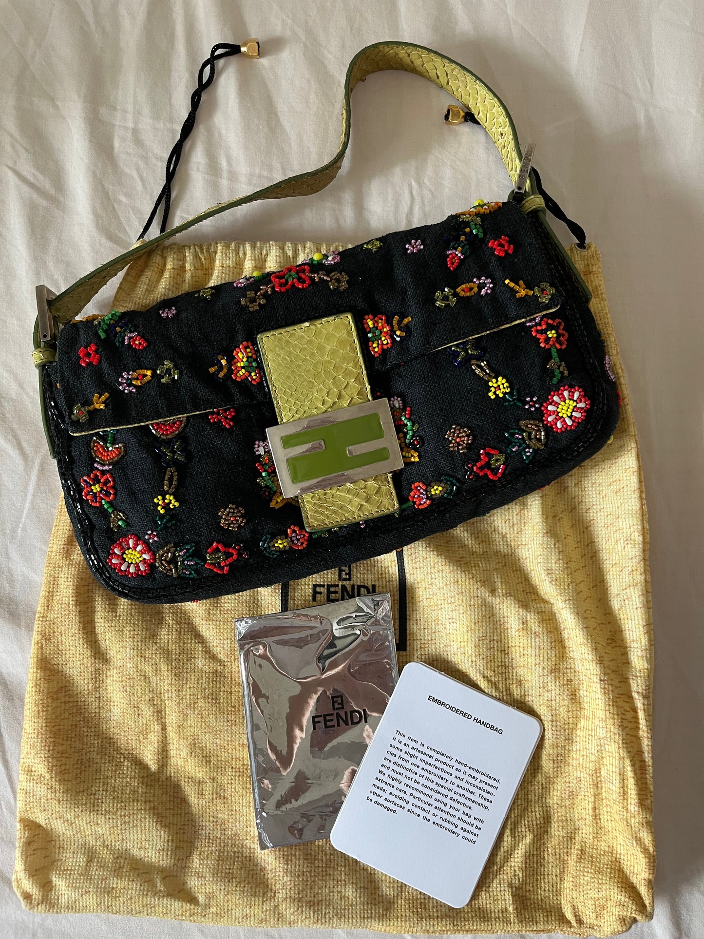 FENDI Baguette Black Canvas with beaded Flower Embroidery