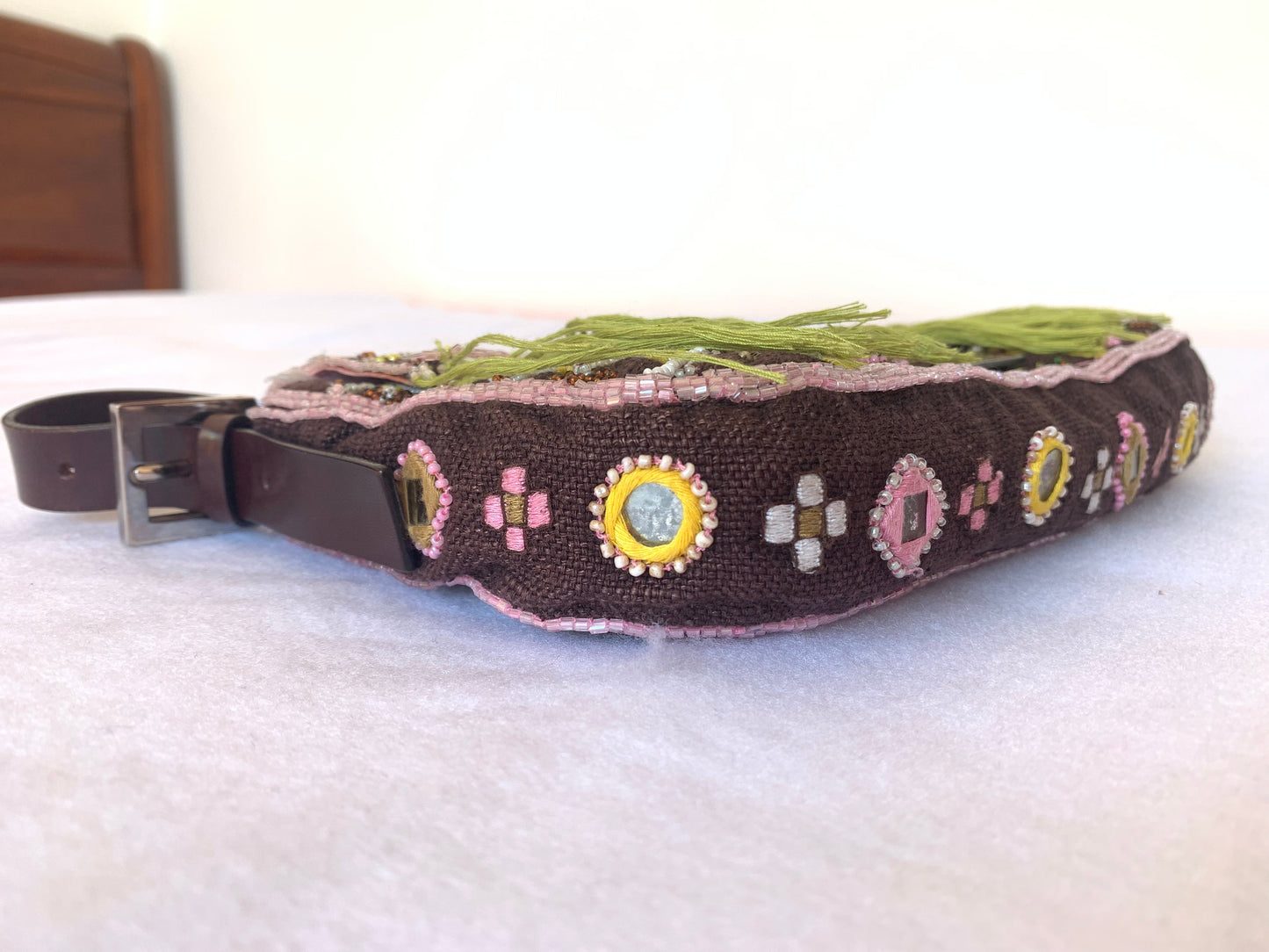 Fendi Baguette   Brown Canvas/cotton with embroidery sequins mirrors and tassels