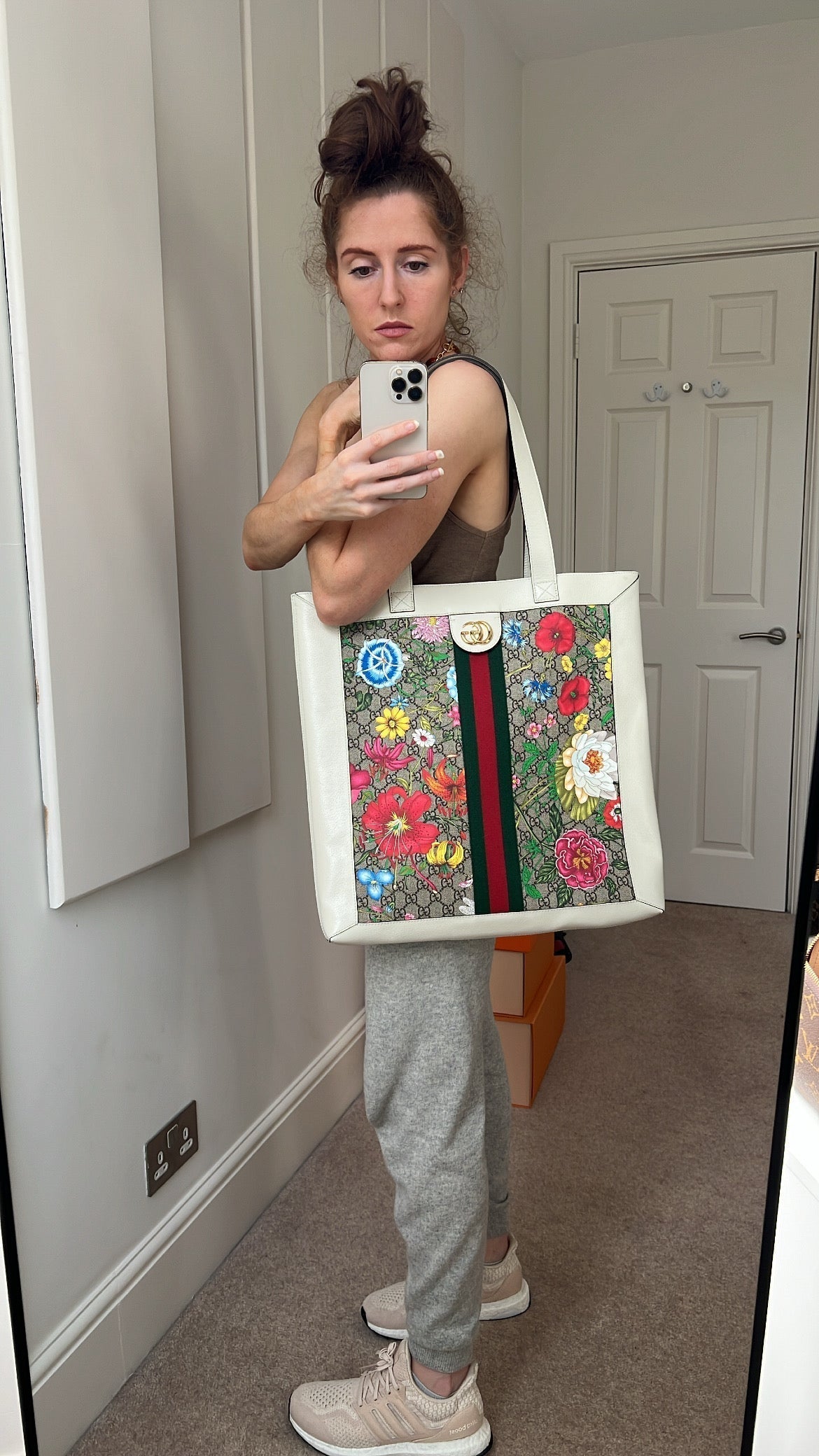 Gucci Ophidia White Leather Canvas Tote
