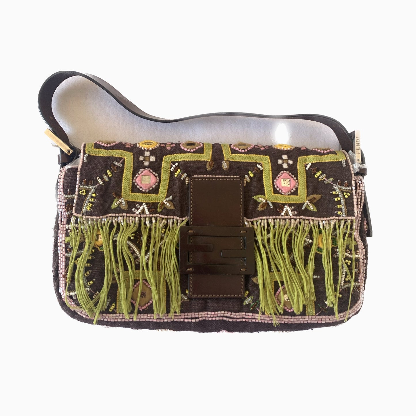Fendi Baguette   Brown Canvas/cotton with embroidery sequins mirrors and tassels