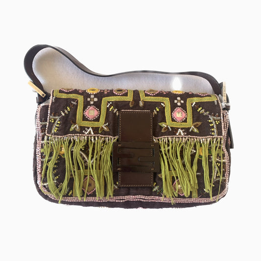 Fendi Baguette   Brown Canvas/cotton with embroidery sequins mirrors and tassels