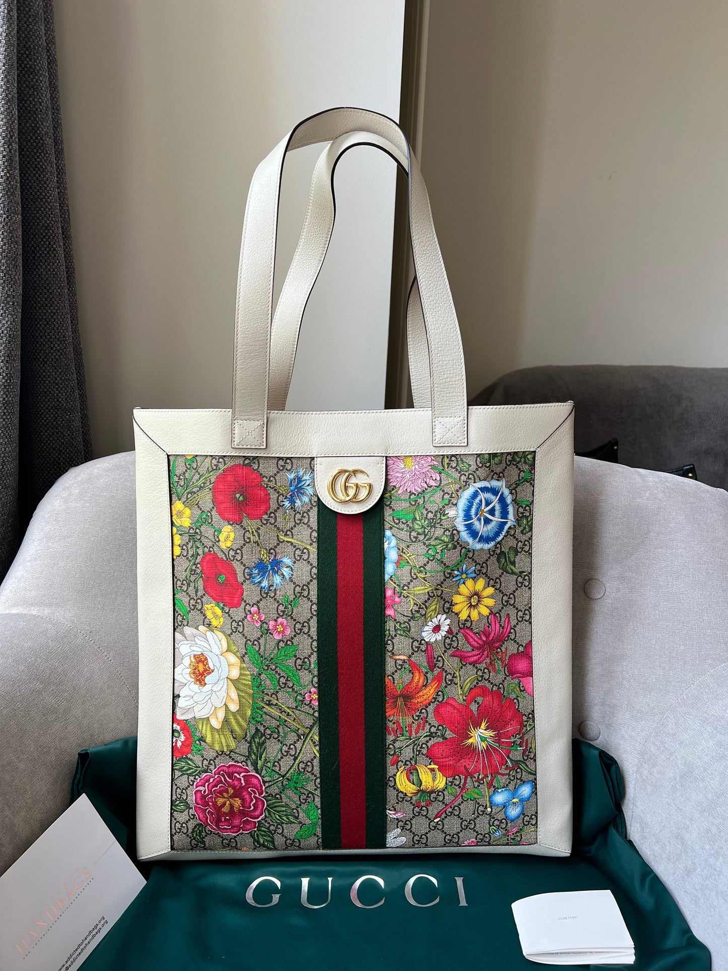 Gucci Ophidia White Leather Canvas Tote