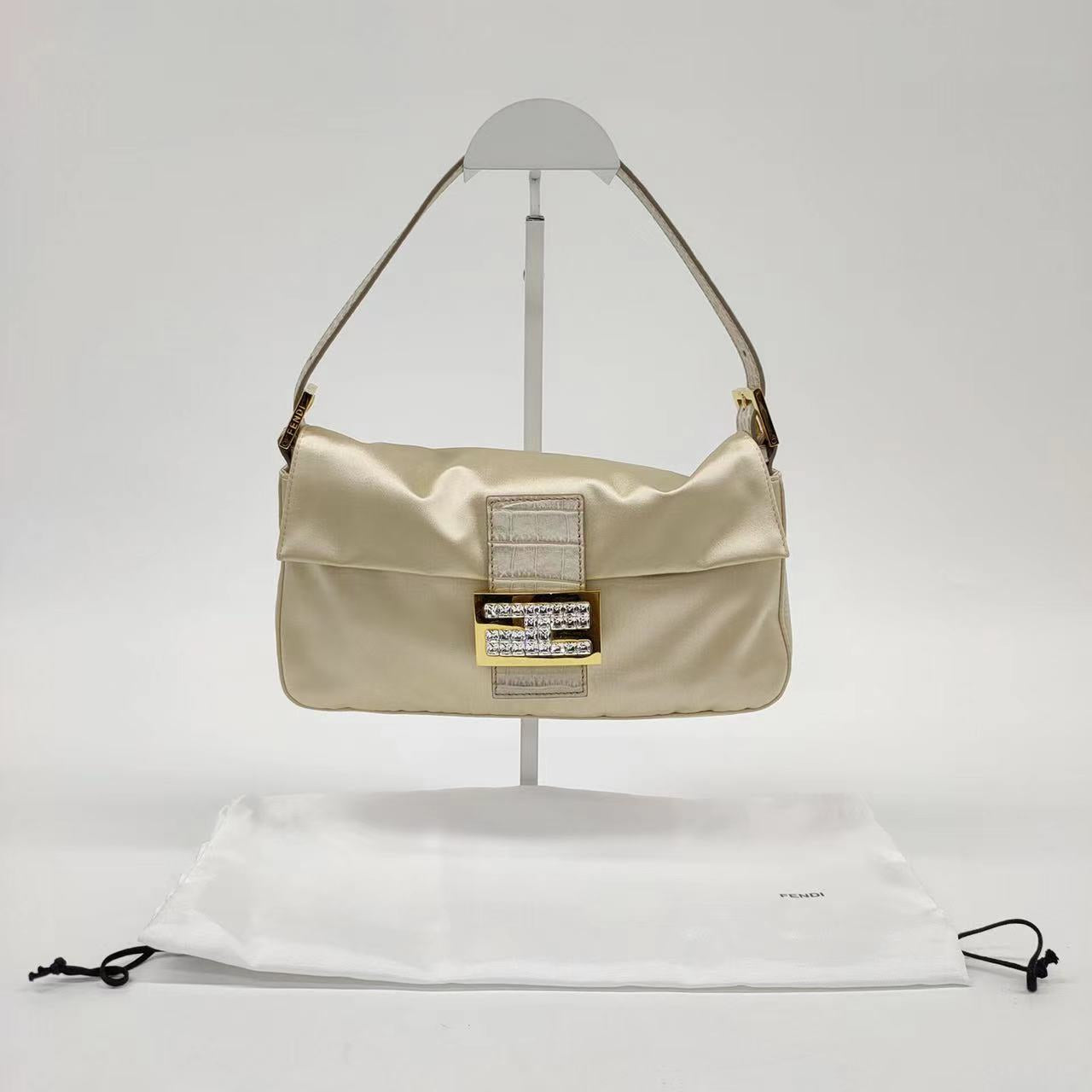 FENDI Baguette Cream Biege Silk with Crystal Buckle