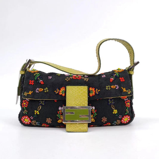 FENDI Baguette Black Canvas with beaded Flower Embroidery