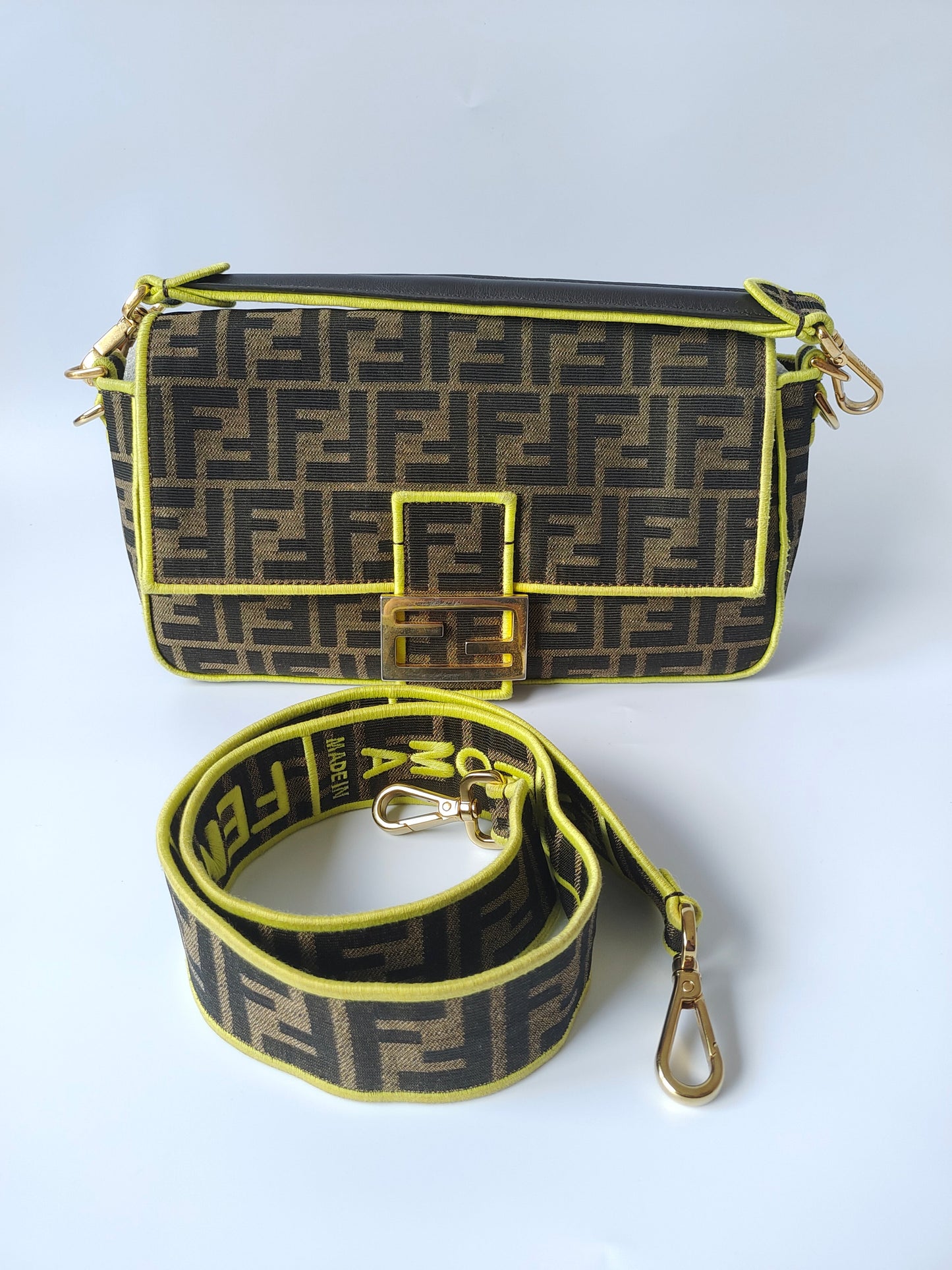FENDI Baguette Zucca Print canvas with Neon trimming