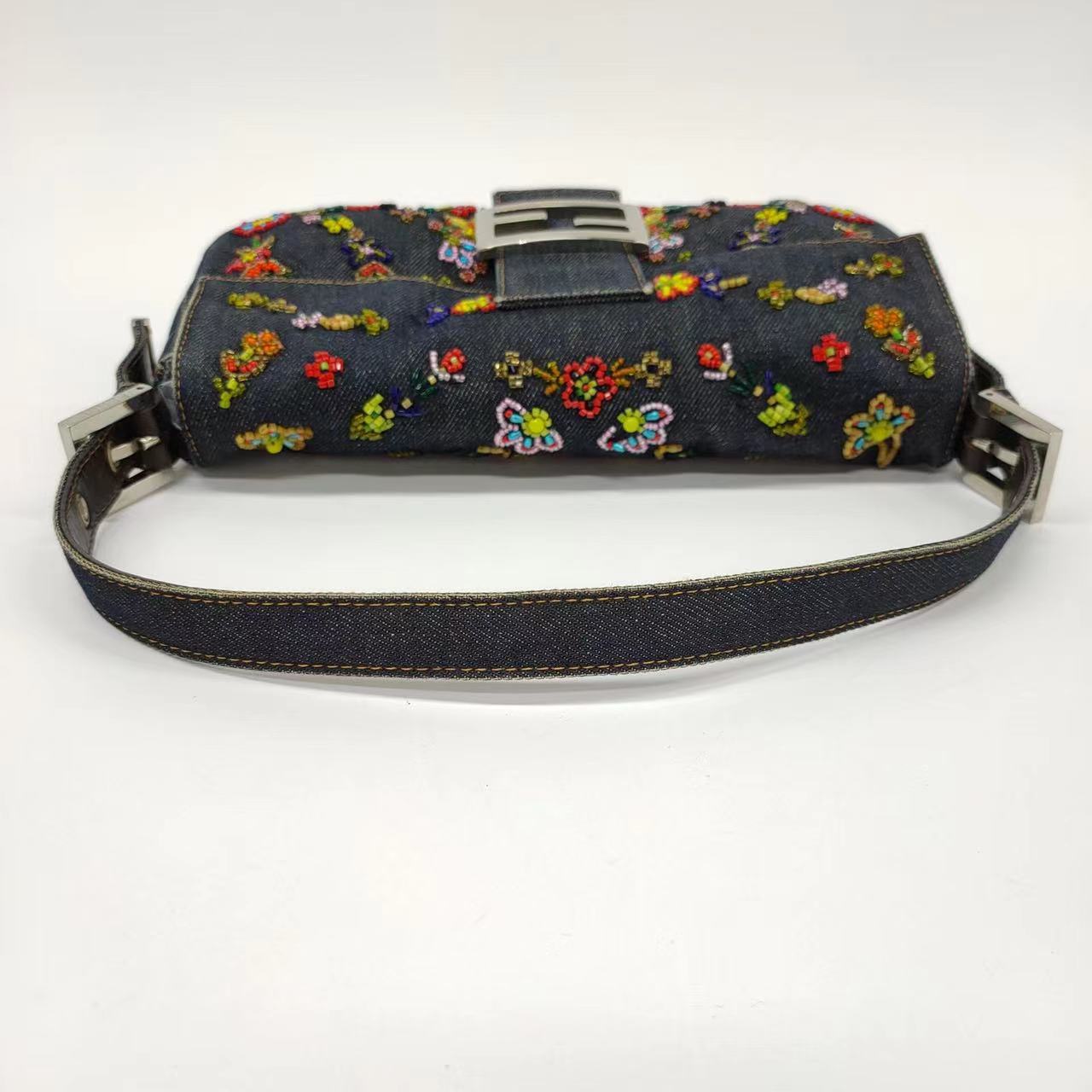 FENDI Baguette Blue Denim with beaded Flower Embroidery