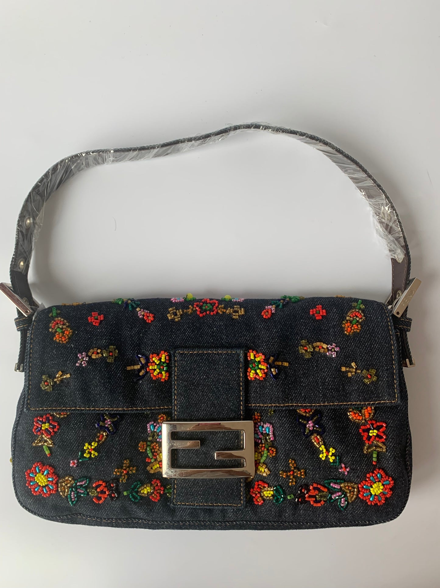 FENDI Baguette Blue Denim with beaded Flower Embroidery